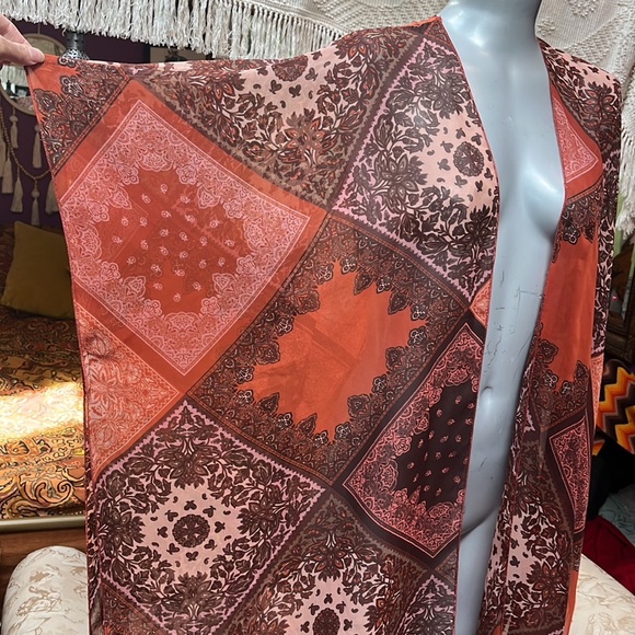 Boho hippie Orange / brown paisley sheer kimono kafton robe - Picture 2 of 3